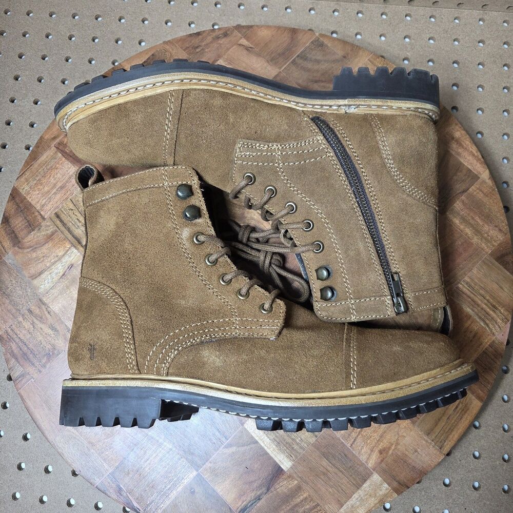 Frye Russell Mens Side Zip Lace Up Tan Leather Suede Boots Size-8.5 FR41606 NWOB